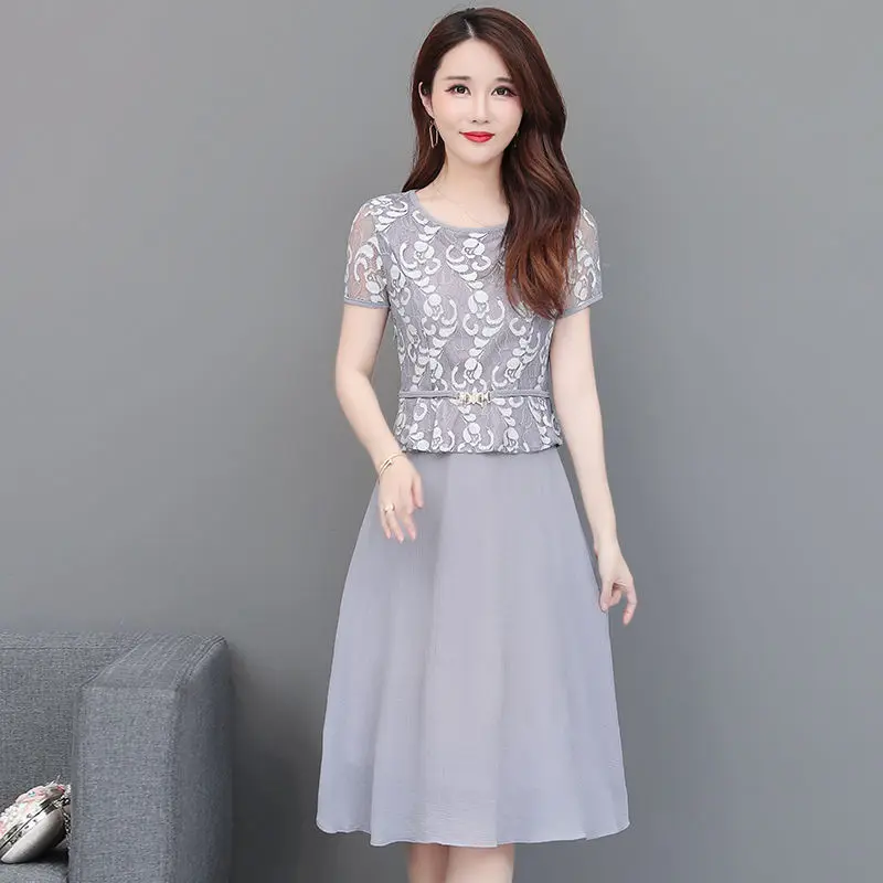 

Patchwork Fake Two Piece Pleated Short Sleeve Chiffon Dress Elegant Ruffle Plus Size Midi Dresses Summer 2021 Vestidos Y919