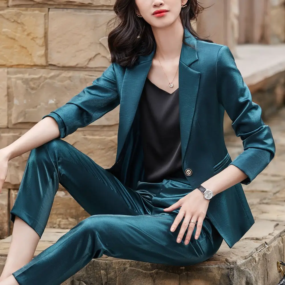 Korean office two piece suit skirt suit autumn and winter elegant long sleeve loose jacket pants two piece women's suit purple