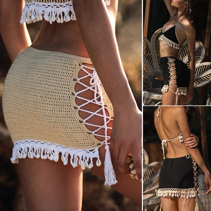 

Women's Handmade Beach Bikini Short Skirt Crochet Sexy Shell Short Skirt One Size