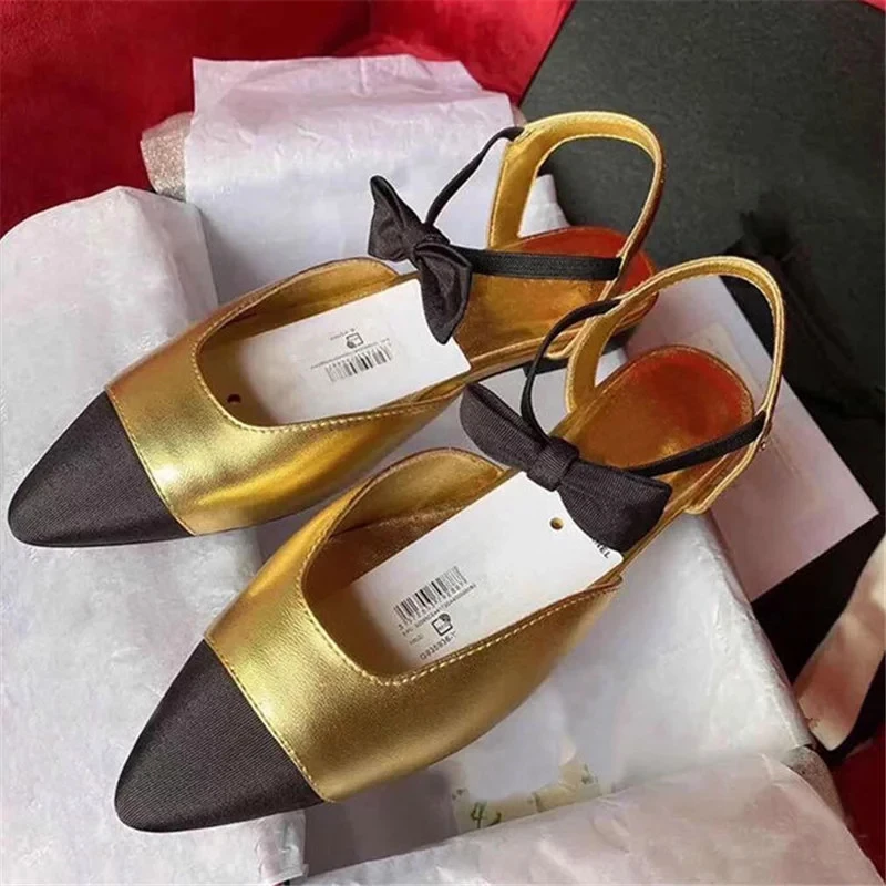 

Luxury Brand Women Sandals Slingbacks Flats Pointed Toe Leather Patchwork Butterfly-Knot Embellished Dress Party Shoes Woman