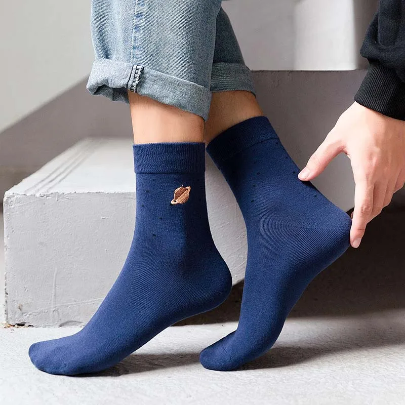 

[COSPLACOOL]New Business Embroidery Planet Men Socks 5 Color Yarn Cotton Sokken Cool Funny Socks Men's Big Size Skarpetki Meias