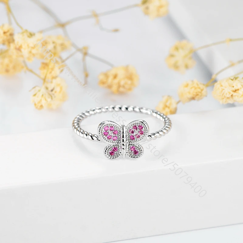 

Butterfly Ring white gold plated Lab Diamonds simulant Stones Designer Butterflies Jewelry pink CZ Bright ring Gift for Her