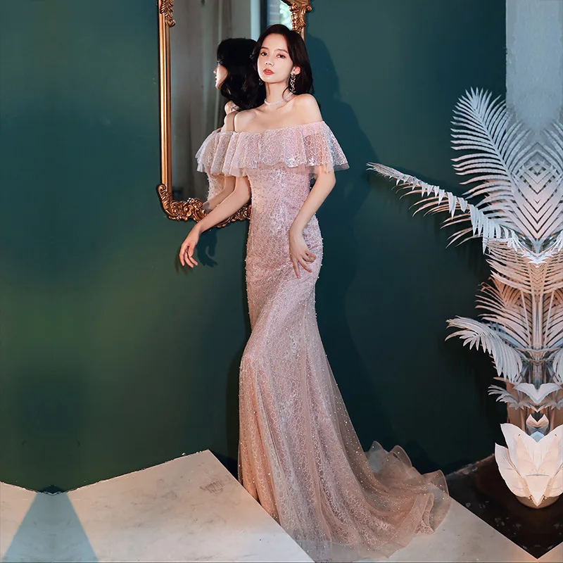 

Розовые сексуальные длинные вечерние платья, элегантное женское платье с открытыми плечами и бусинами, Лидер продаж, милое сказочное платье, платья для вечеринок