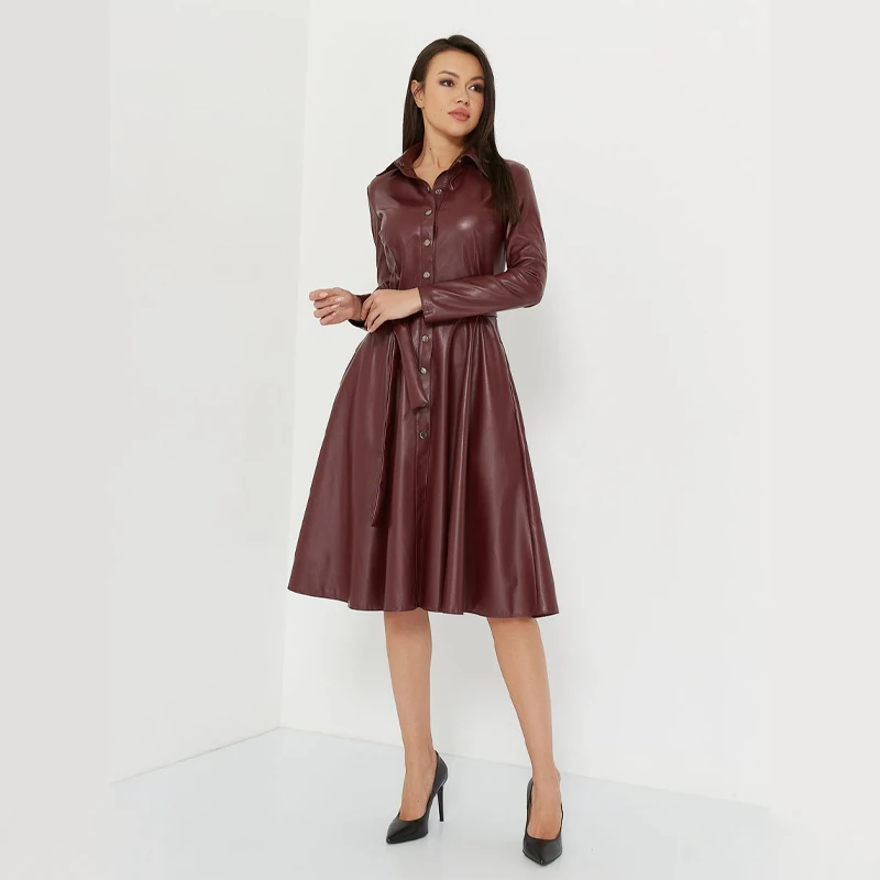 

Fashion PU Leather Dress Women Casual Pockets Button Down Dress With Belt Long Sleeve Solid Color Midi Dress 2020 New A-Line
