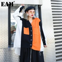 eam orange big size irregular knitting cardigan sweater loose v neck long sleeve women new fashion autumn winter 2021 1de3156