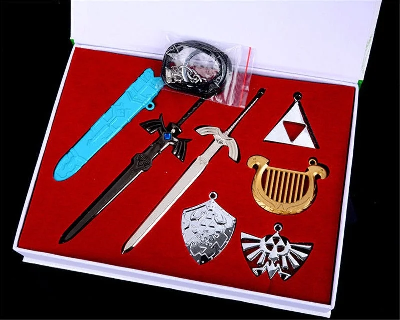 Легенда о Зельде Triforce Hylian Shield& Master брелок в виде меча Ожерелье Подвески Брелок коллекция оружия коробка Косплей Реквизит - Цвет: 7PCS