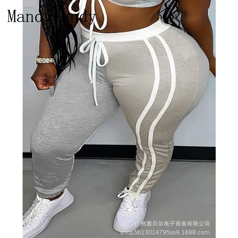 

Mandylandy Women's Elegant Patchwork Bodycon Pants Lady Sexy Fashion Drawstring High Waist Slim Fit Pencil Trousers