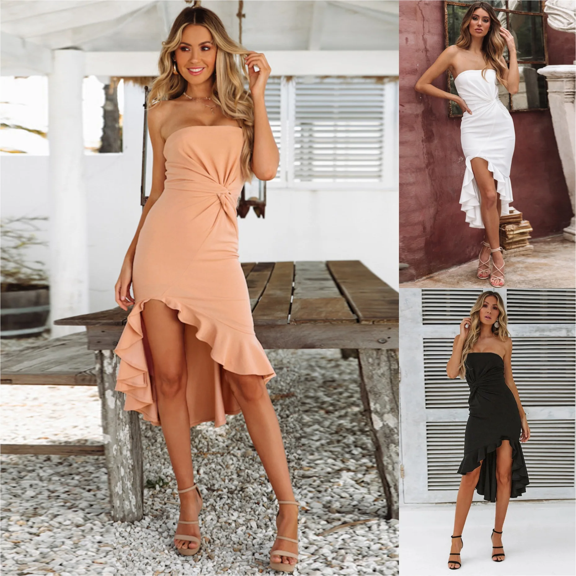 

XUXI Summer 2020 Women New Dress Sexy One Word Collar Solid Color Tube Top Lotus Leaf Side Dresses Fashion Sleeveless FZ2695