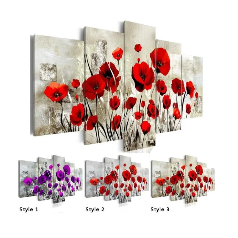 5 шт./компл. Картина на холсте с изображением Красного цветка мака|Рисование и