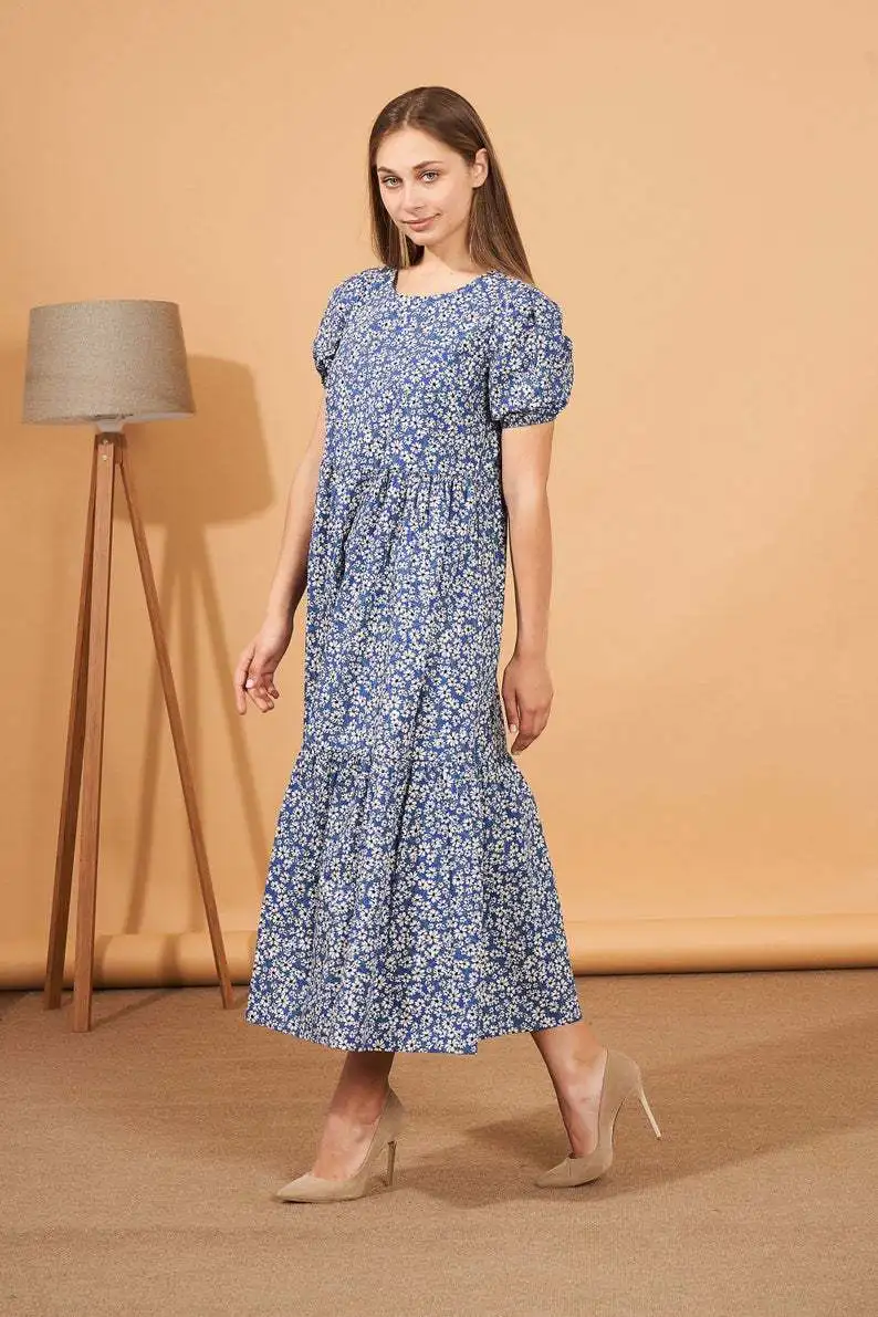 

Chic retro women's dress floral print puff sleeve beach bohemian rayon long dress round neck loose bohemian dress