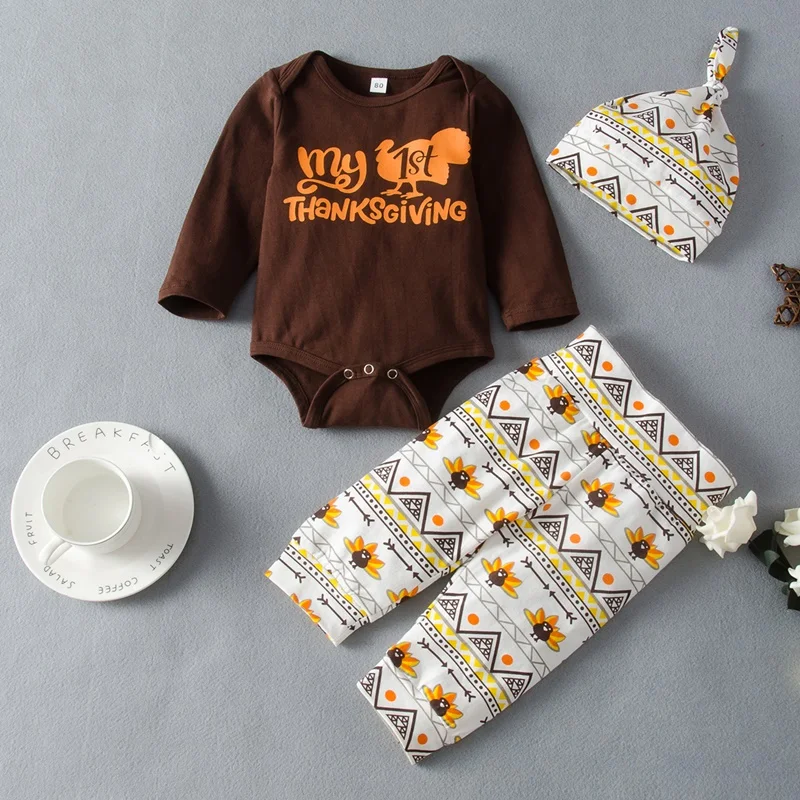 

Thanksgiving Baby Girl Winter Clothes 3 Pcs Cotton Letter Long Sleeve Romper Tops+print Trousers+hat Baby Boy Clothes Set 0-18M