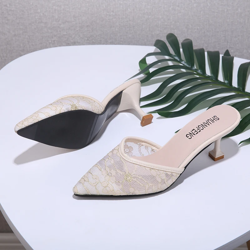 

Mesh High Heels Slippers Women New Summer Shoes Women Fashion Pointed Toe Casual Slides Black Slip-On Thin Heels Female Shoes