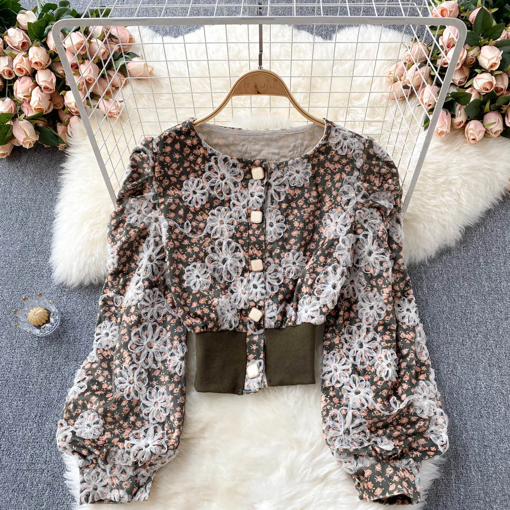 Черная/хаки/зеленая сетчатая однобортная короткая блузка в стиле пэчворк