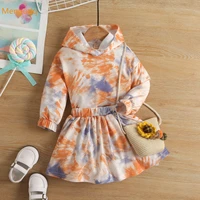 kids baby girls autumn spring full sleeve tie dyed top hooded hoodies pleat skirts children fashion clothes set 2pcs 18m 6y
