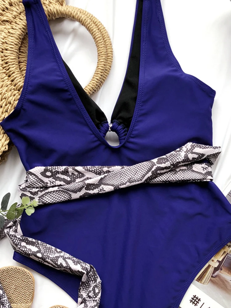 

Snake Print Belt Bandage Sexy Swimwear Women 2020 New Arrival Padded Bra Blue Swimsuit Female One Piece Bathing Suit