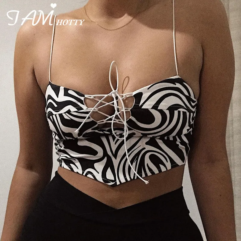 

IAMHOTTY Y2K Zebra Print Lace Up Bandage Corset Women Grunge Bustier Top Party Night Clubwear Black Tank Tops Vintage Camisoles