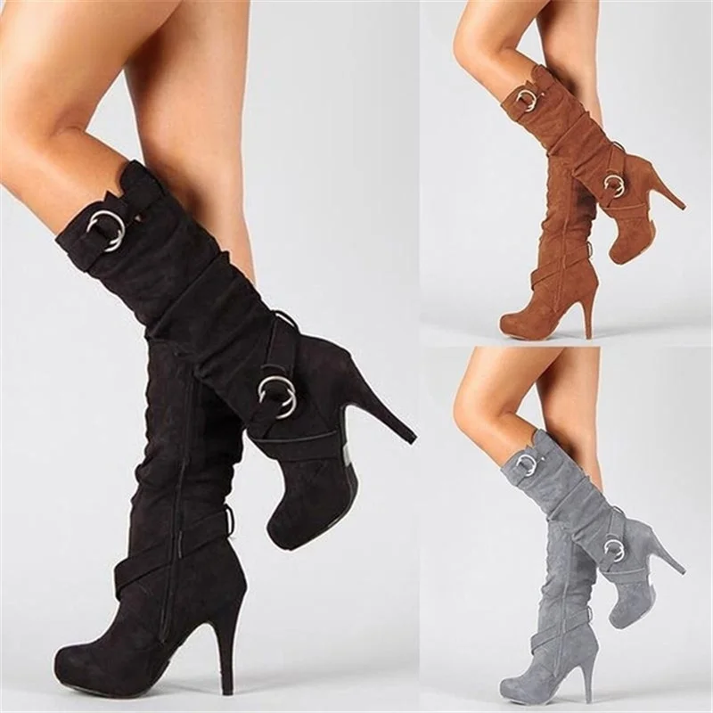 

2022 Sexy Knee High Women Boots Thin High Heel Round Toe Platform Fashion Ladies PU Leather Boots Size 34-43 Lady Shoes Botas