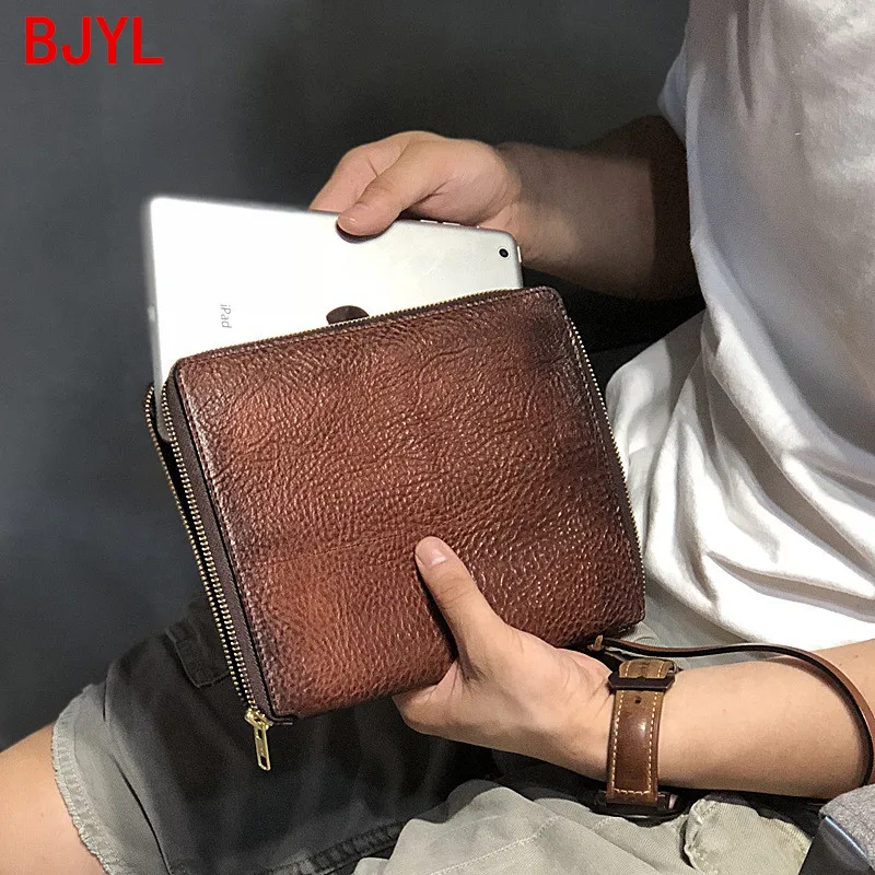 Ipad New Vintage Leather Men Clutch Bag Large Capacity Wallets Hand Bag Origional Full-grain Leather Trend Men IPAD Package Soft