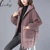 m 4xl plus size lamb winter jacket long windproof hooded faux fur coat thick loose outwear ladies casual down cotton overcoat