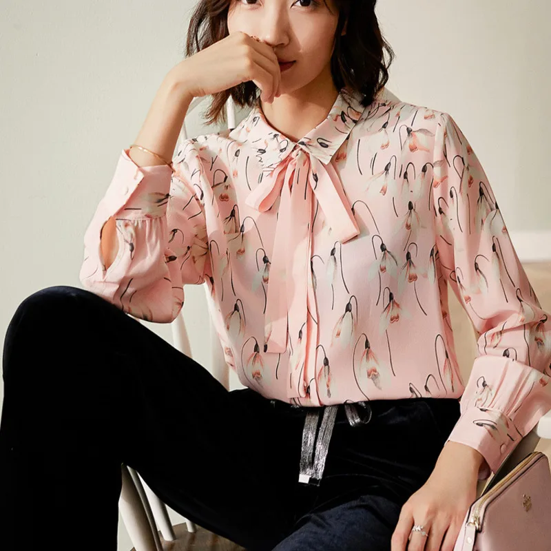 

New printed silk top women s loose long sleeve shirt mulberry silk shirt