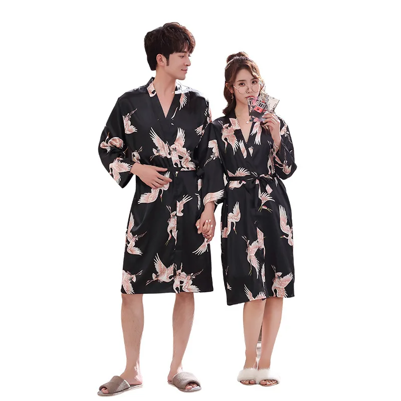 Пижама для пар шелковистый халат кимоно ночная рубашка с v-образным вырезом