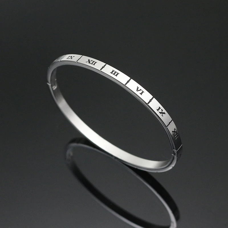 

Top Quality Women 4MM Carve Black Roman Numeral Stainless Steel Roman Bangle Bracelet For Women Fashion Jewelry