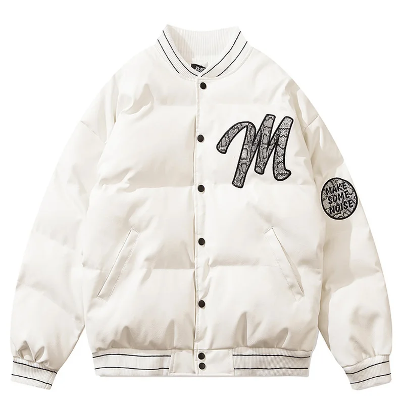 

PU Leather Parkas Jacket Unisex Winter Harajuku Thick Warm Baseball Coats Parkas Mens Loose Letter Embroidery Hipster Streetwear