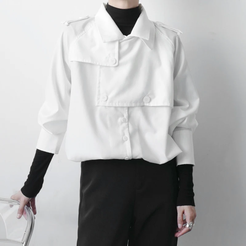 Men's Fashion Stitching Loose Long Sleeve Shirt Autumn Fashion Trend Personalized Asymmetric Design Korean Casual Shirt