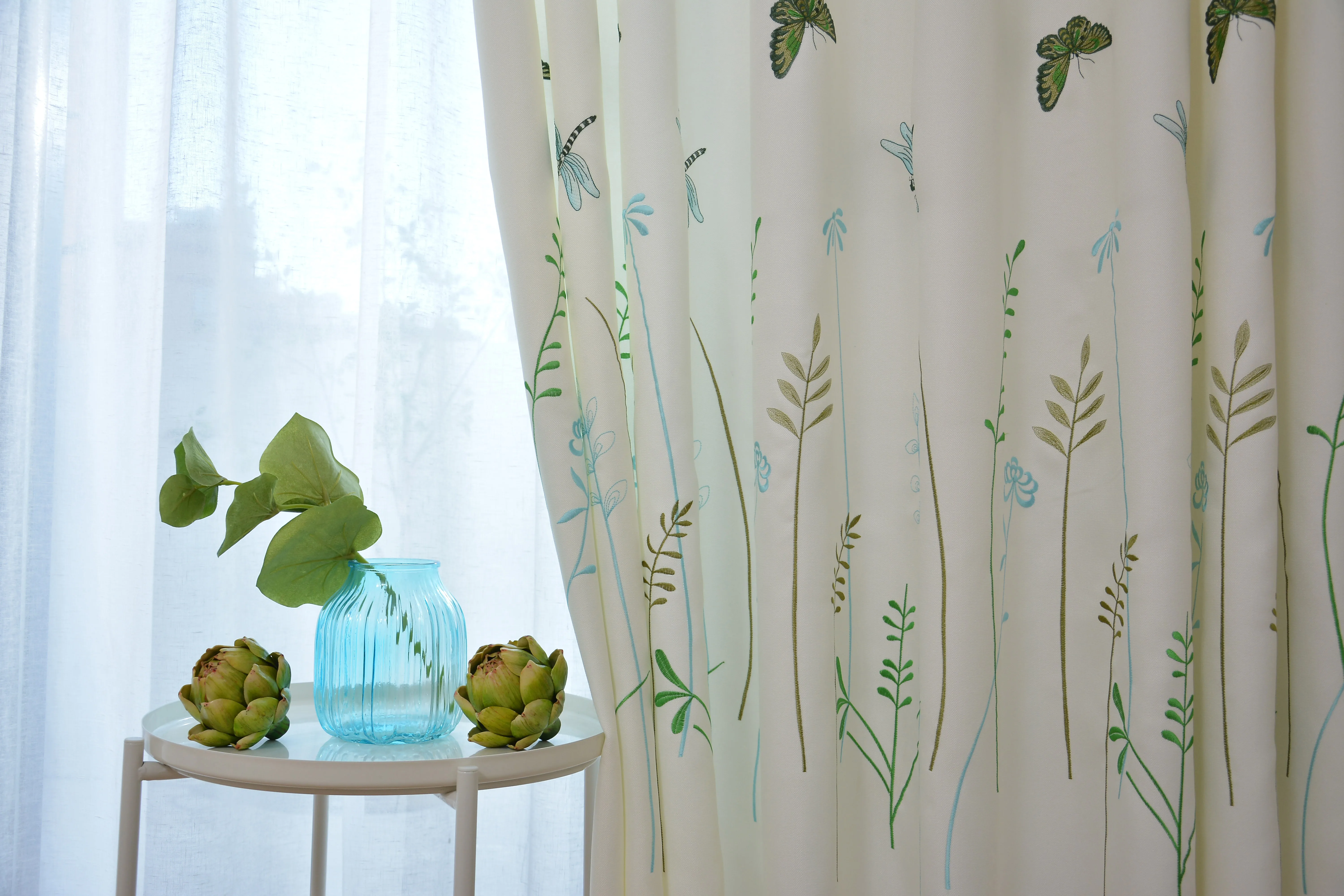 

Simple Style Blackout Curtains for Living Room Cotton and Linen Window Curtains Green Plant Butterfly Embroidered Cloth Curtain