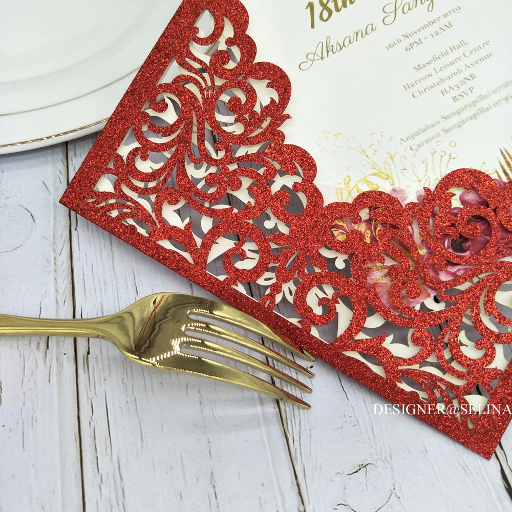 Роскошные свадебные приглашения с красными блестками