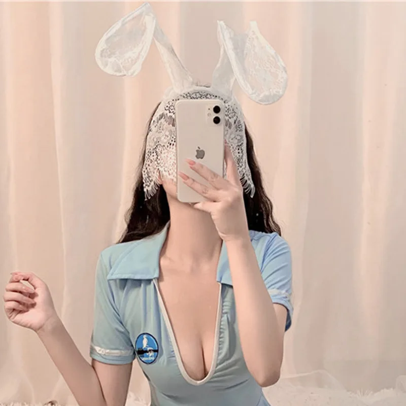 

Purple Kitten Sexy Lingerie Uniform Temptation Accessories Hair hoop Lace Veil Eye Mask Rabbit Ears Black And White