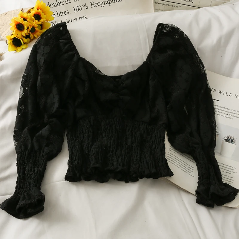 

French Blouse Women Ruched V Neck Puff Sleeve Tops 2021 Summer Casual Fashion Vacation Short Blouses