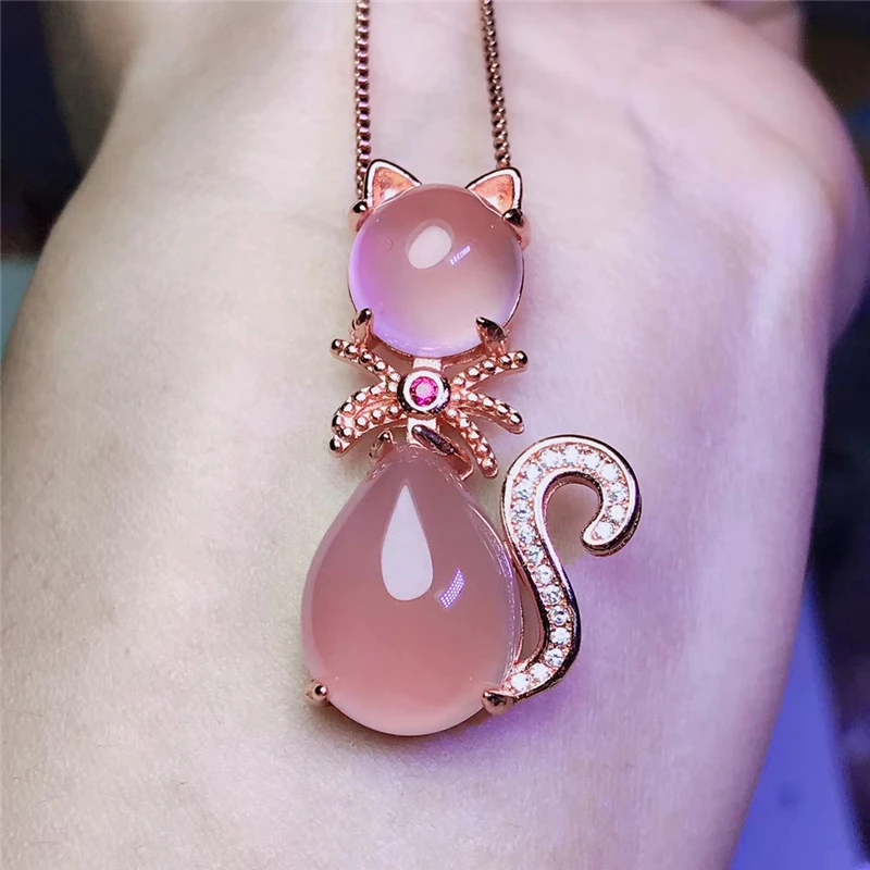 

JADERY CHARM VINTAGE NATURAL CHALCEDONY JADE CAT PENDANT NECKLACE ROSE GOLD SILVER 925 JEWELRY WEDDING PARTY WOMEN JEWELRY 328