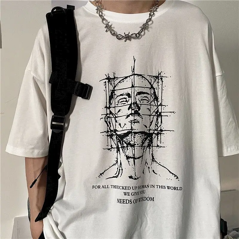 

Harajuku Men's T-shirt Oversized Short-sleeved Summer Head Sketch Printing T-shirts Loose O-neck Goth Punk Women Clothing Y2k
