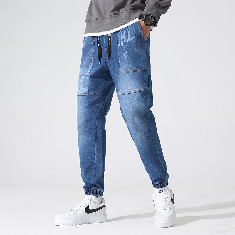 

Spring Autumn Black Blue Casual Tapered Jeans Men Stretched Cotton Streetwear Denim Jogger Pants Male Print Jean Trousers 8XL