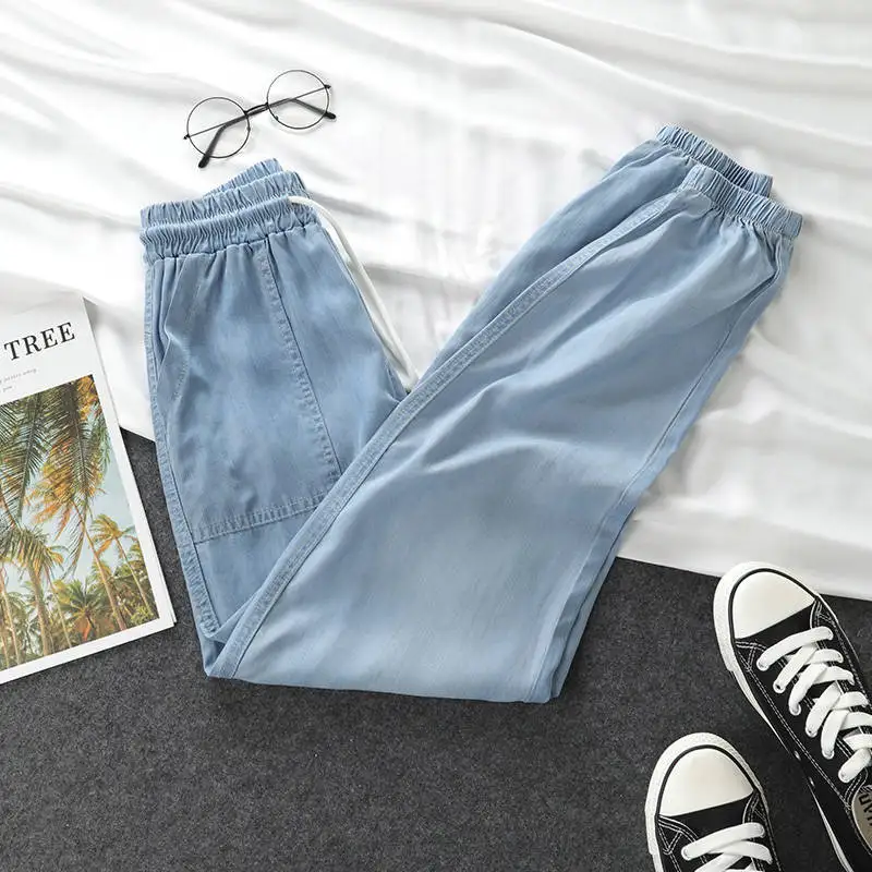

Women Summer Harem Jeans Elastic High Waist Drawstring Loose Wide Leg Cuffs Jean Trousers Plus Size Korea Casual Denim Pants