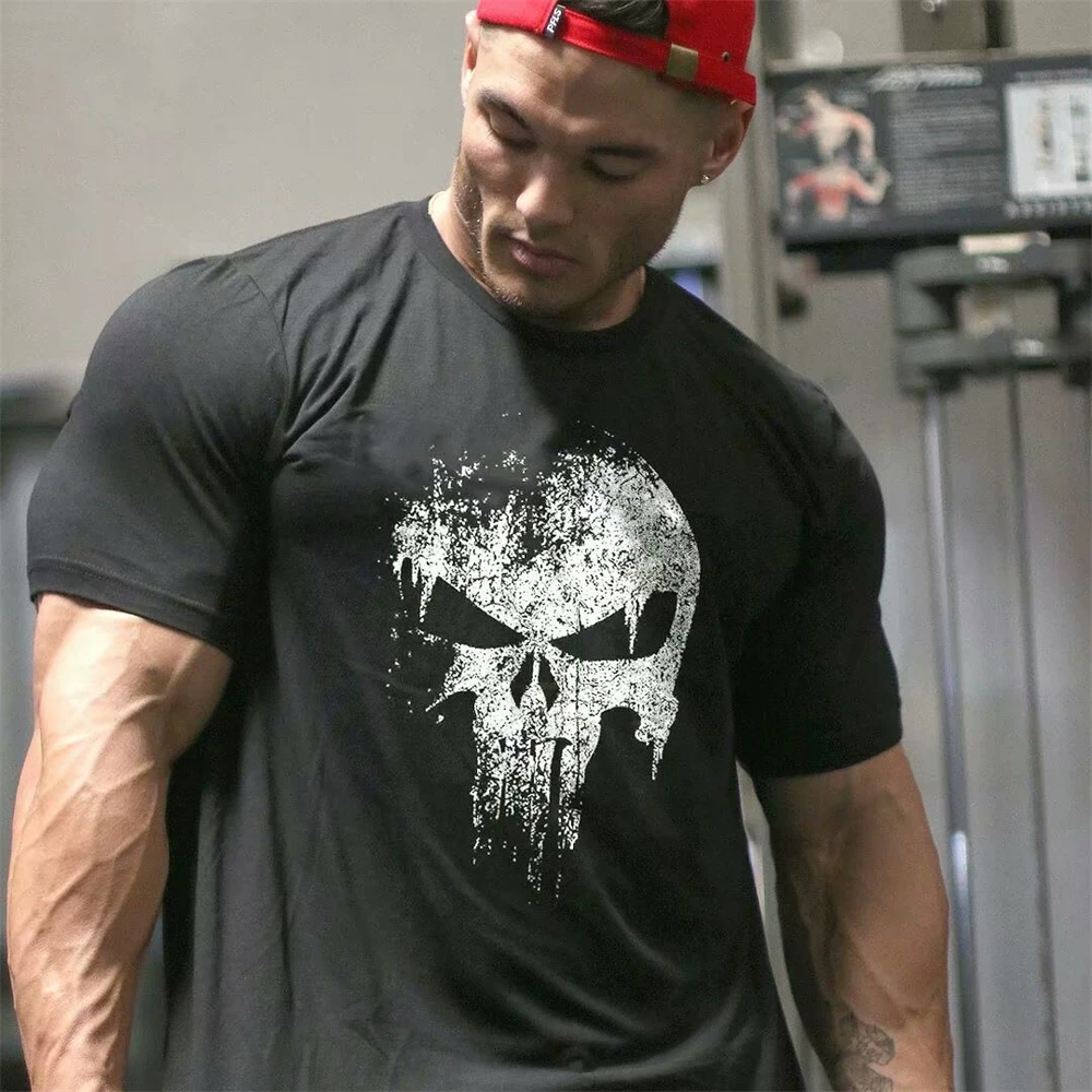 

New Muscle Men's T-Shirt Bodybuilding Fitness Summer Skull Print Sports Loose Casual Training Clothes Men's Short Sleeves