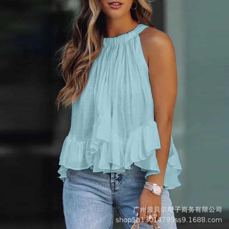 

WEPBEL Women Summer Elegant Halter Ruffle Shirt Top Ladies Sexy Sleeveless Loose T-shirt