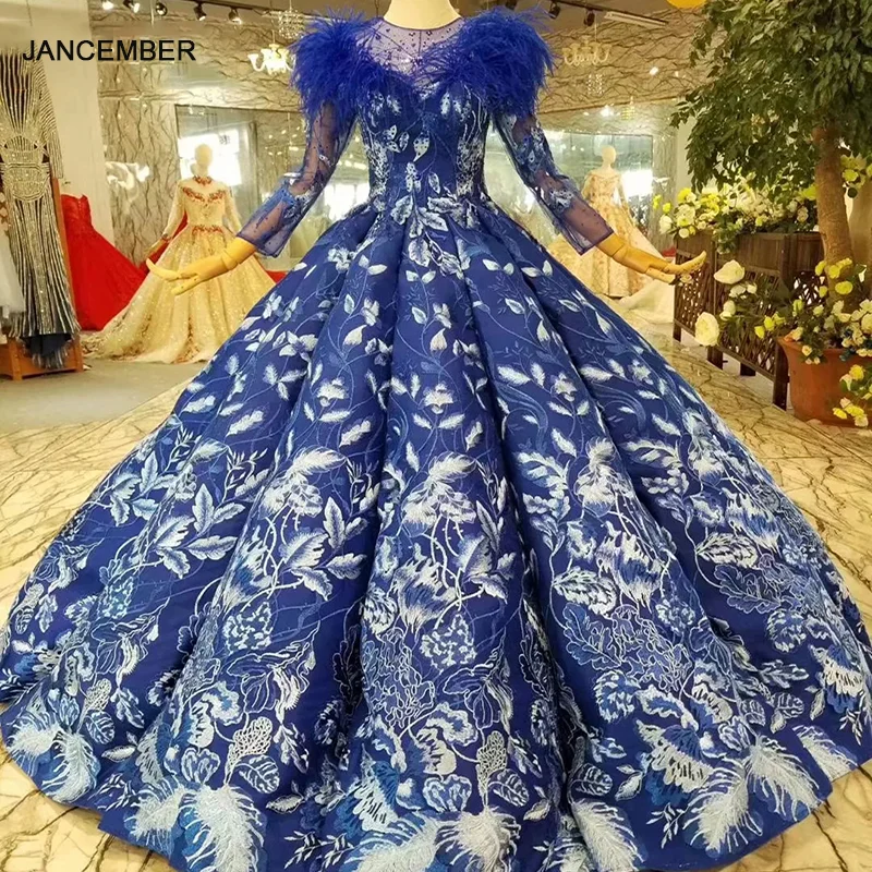 Бальное платье LSS377 синее вечернее в пол с перьями и о вырезом длинным рукавом для