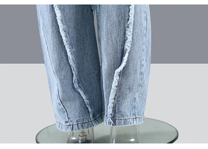 

[EAM] High Waist Bllue Contrast Colot Long Wide Leg Jeans New Loose Women Trousers Fashion Tide Spring Autumn 2021 1DD9709