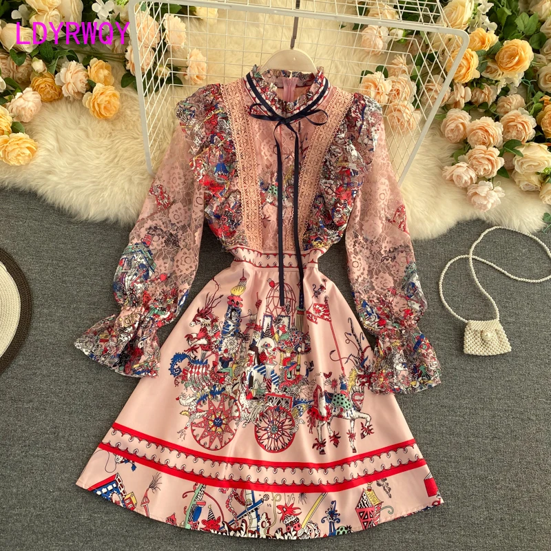

LDYRWQY 2021 summer French new retro round neck fashion flared sleeve lace embroidered print dress Office Lady