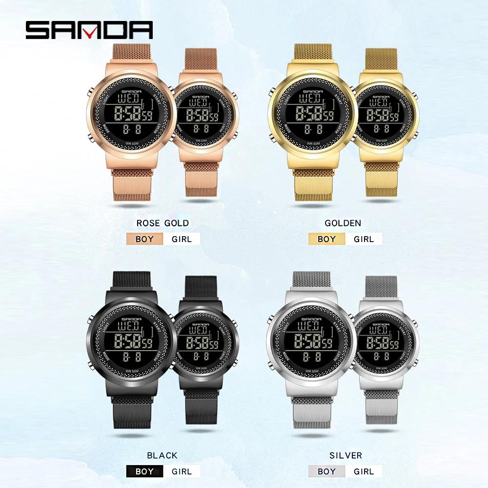 SANDA New Fashion Stainless Steel Mesh Belt Waterproof Quartz Watch Sports Electronic Digital Couple Watch For Men Women Watches