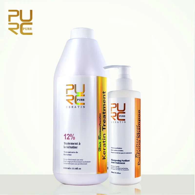 PURC 1000ML Brasilianische Schokolade Keratin Behandlung 12% Formaldehyd Begradigen Haar Produkt und 300ml Reinigende Shampoo Haarpflege