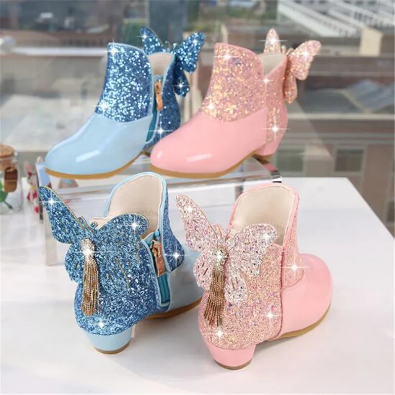 Кожаные ботинки для девочек Бархатные хлопковые блестящие Теплые ботильоны