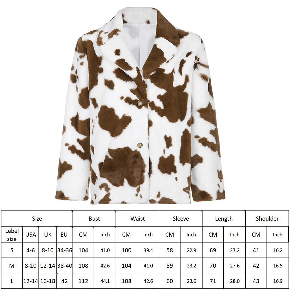 

Y2K Winter Cow Pattern Faux Fur Coats E-girl Vintage Turn Down Collar Long Sleeve Jackets Harajuku Printing Streetwear