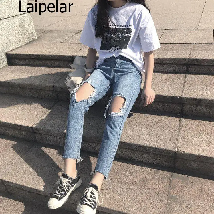 Jeans Denim Women Holes Zipper Pockets Straight Retro Casual Womens Slim High Waist All-match Vintage Chic Korean Style Daily | Женская