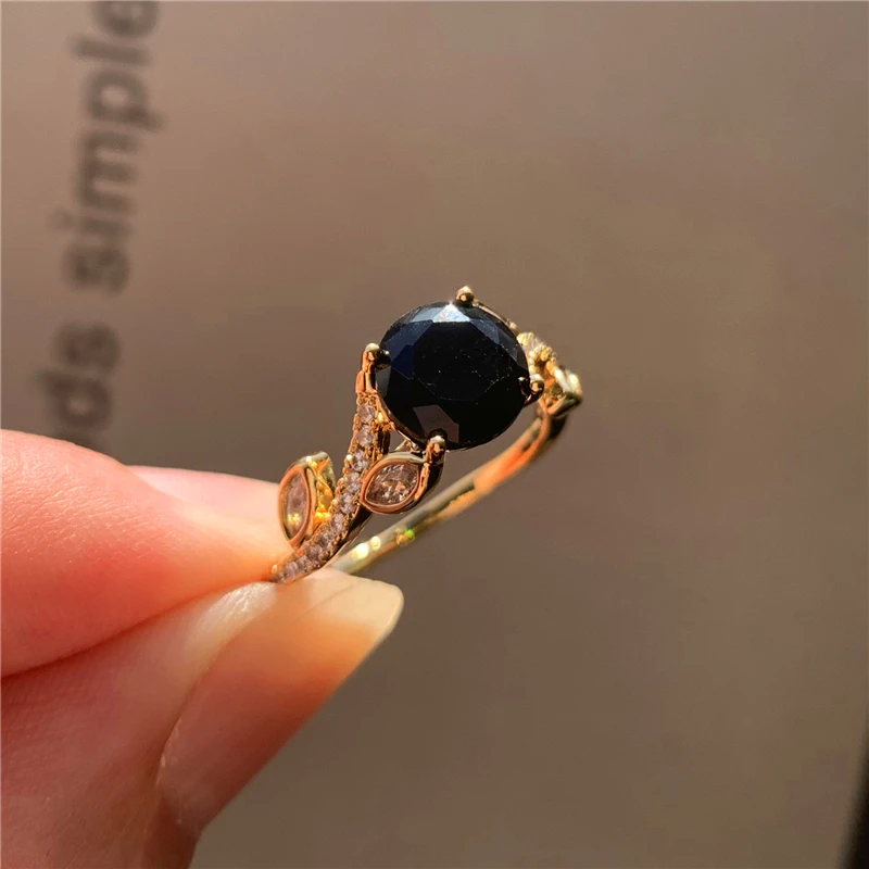 

Trendy Female Black Crystal Stone Ring Charm Gold Color Thin Wedding Rings For Women Dainty Bride Round Zircon Engagement Ring