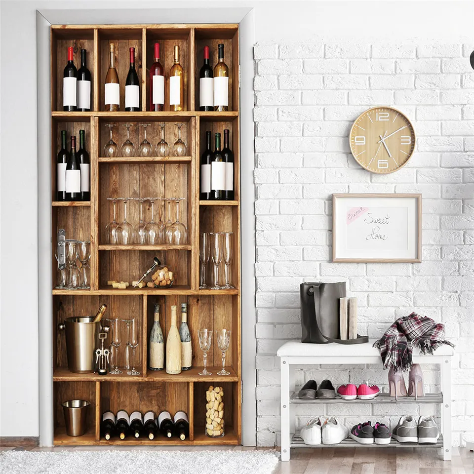 Papel tapiz para puerta de estanter&iacute;a de vino con patr&oacute;n 3D, murales para sala de estar, cocina, Pegatina autoadhesiva para puerta, calcoman&iacute;a de papel tapiz extra&iacute;ble, dise&ntilde;o del hogar-4