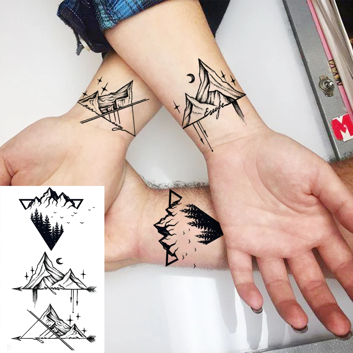 Реалистичные геометрические временные татуировки с изображением горного леса