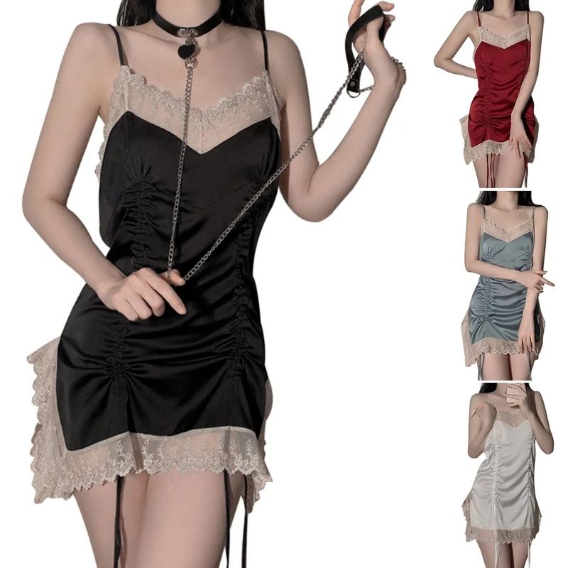 

Women Sexy V-neck Sleepwear Dress Lace Fold Suspender Nightdress Female Summer Adjustable Temptation Pajamas Sleeveless Dress